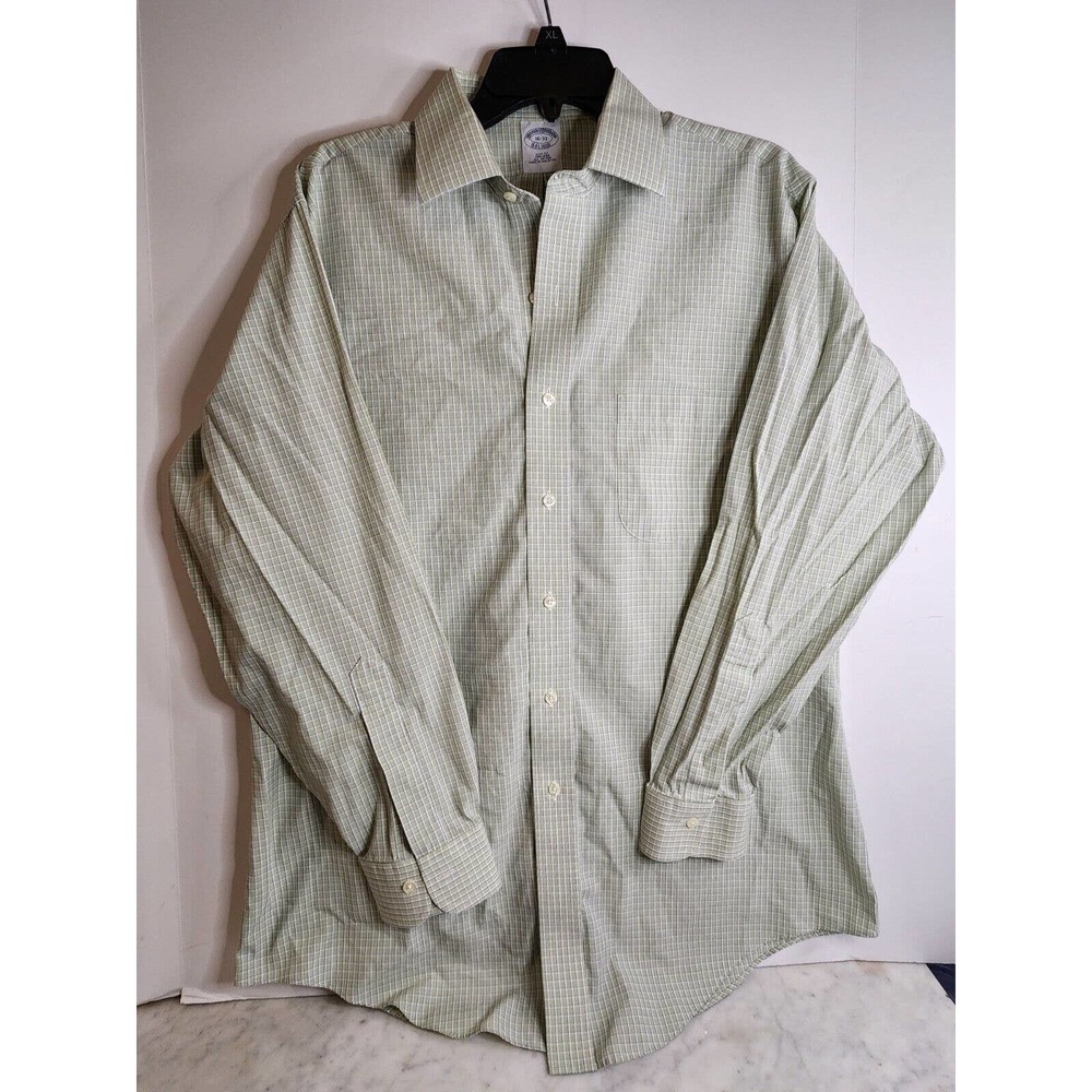 BROOKS BROTHERS Tan blue Long Sleeve Button Down Shirt Adult 16 Gingham Check